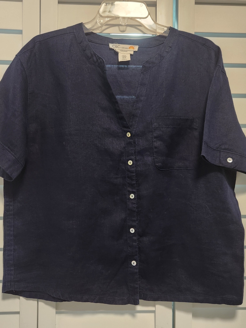 C&C California 100%Linen Women's Navy Blue Short-Sleeve  Blouse